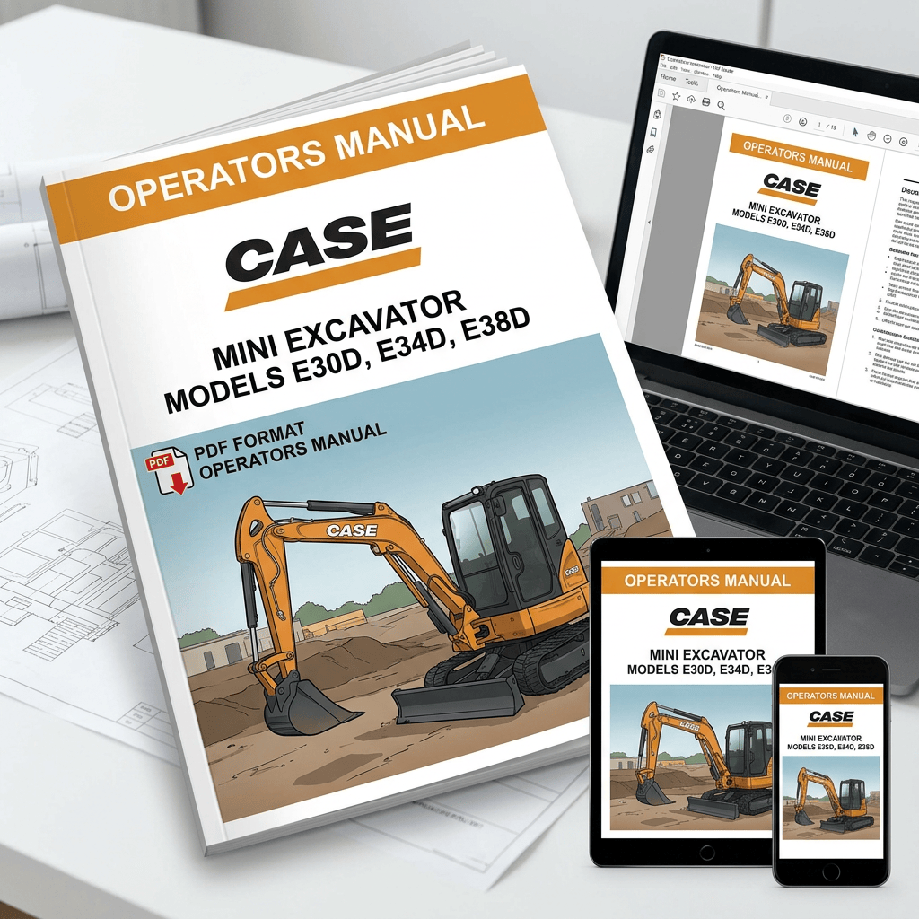 CASE operators manual for E30D, E34D, and E38D mini excavators on multiple devices
