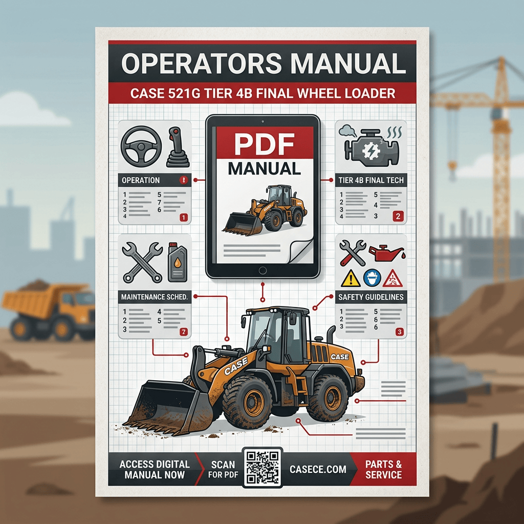 Poster text: OPERATORS MANUAL; CASE 521G TIER 4B FINAL WHEEL LOADER; PDF MANUAL; OPERATION; TIER 4B FINAL TECH; MAINTENANCE SCHED.; SAFETY GUIDELINES; ACCESS DIGITAL MANUAL NOW; SCAN FOR PDF; CASECE.COM; PARTS & SERVICE.