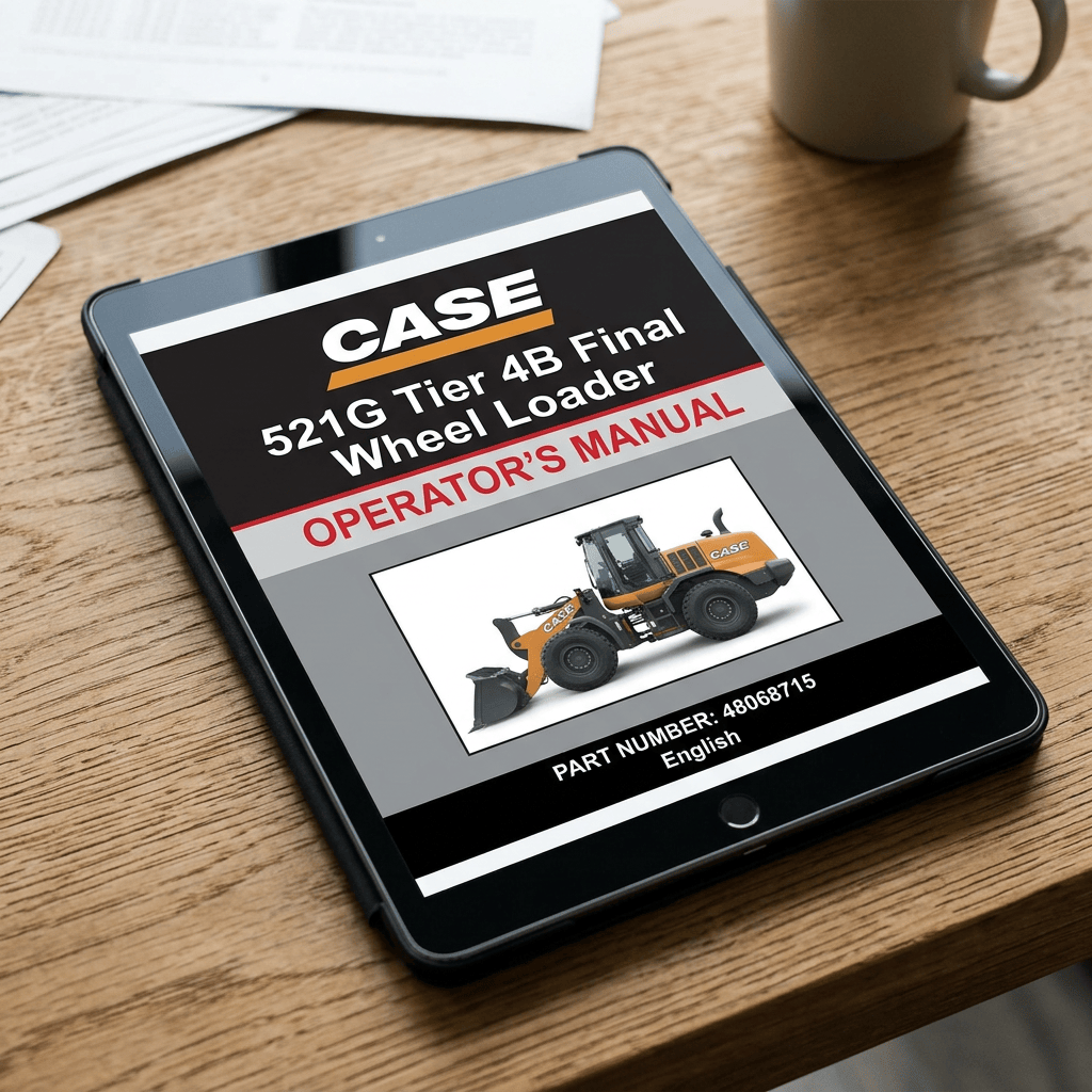 Tablet displaying CASE 521G Tier 4B wheel loader operator’s manual