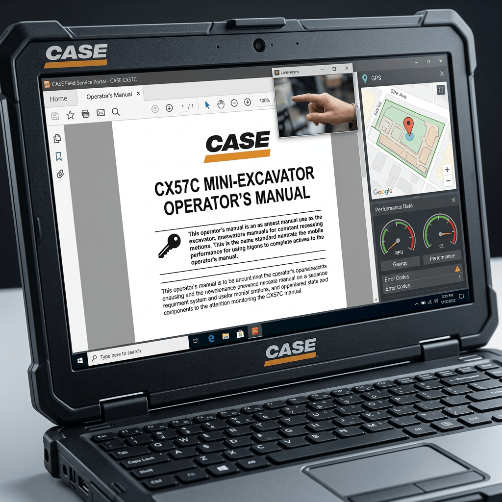 Worker reviewing CASE CX57C mini excavator operator’s manual at a construction site