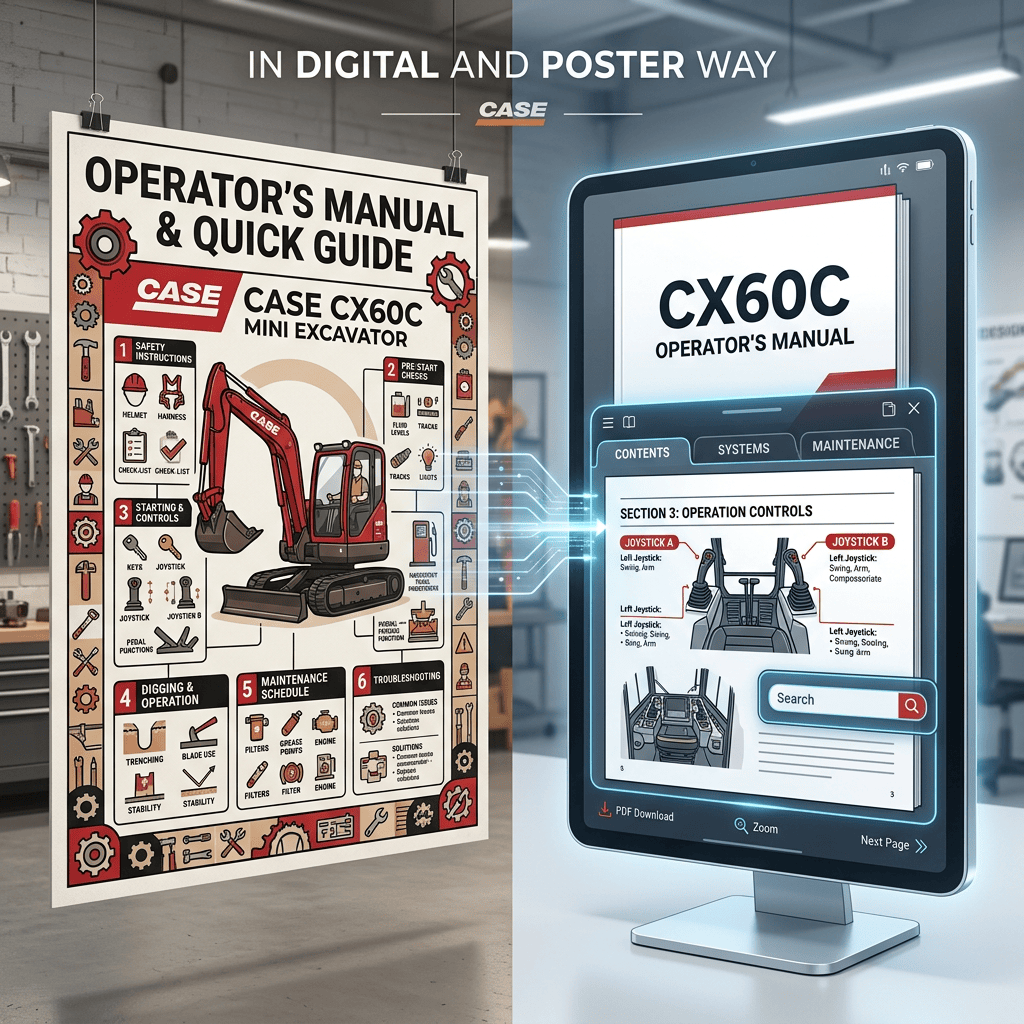 CASE CX60C operator's manual shown as a poster and digital guide