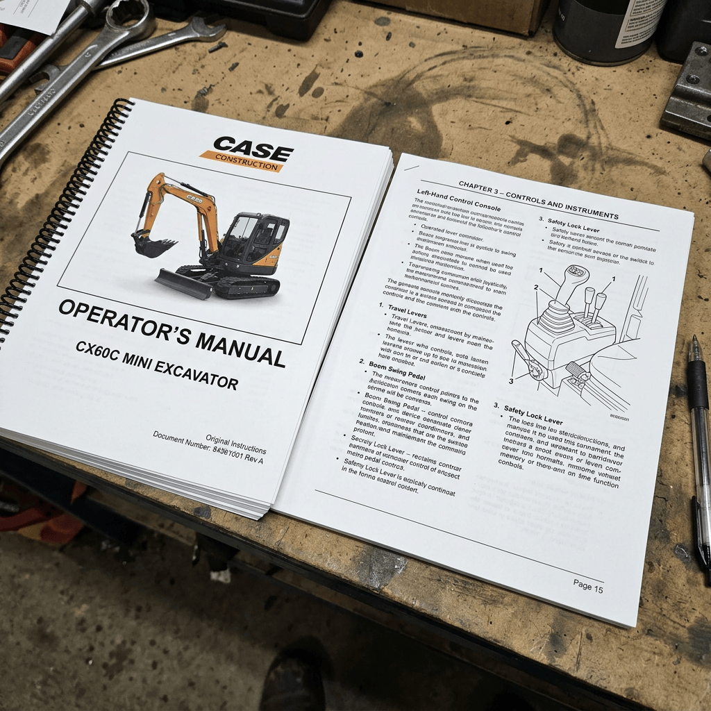 Open Case CX60C mini excavator operator manual showing control console diagrams