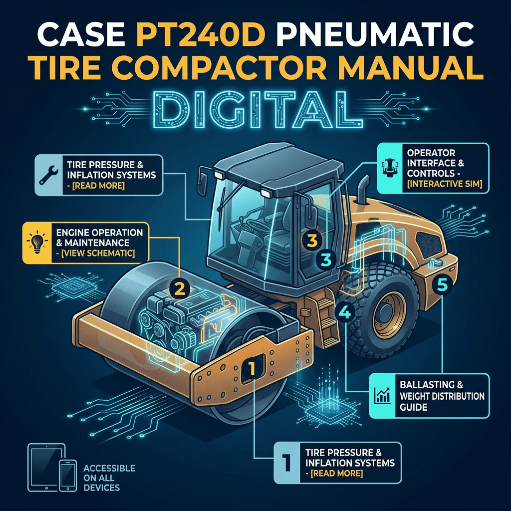 CASE PT240D PNEUMATIC TIRE COMPACTOR MANUAL; DIGITAL; TIRE PRESSURE & INFLATION SYSTEMS - [READ MORE]; ENGINE OPERATION & MAINTENANCE - [VIEW SCHEMATIC]; OPERATOR INTERFACE & CONTROLS - [INTERACTIVE SIM]; BALLASTING & WEIGHT DISTRIBUTION GUIDE; ACCESSIBLE ON ALL DEVICES.