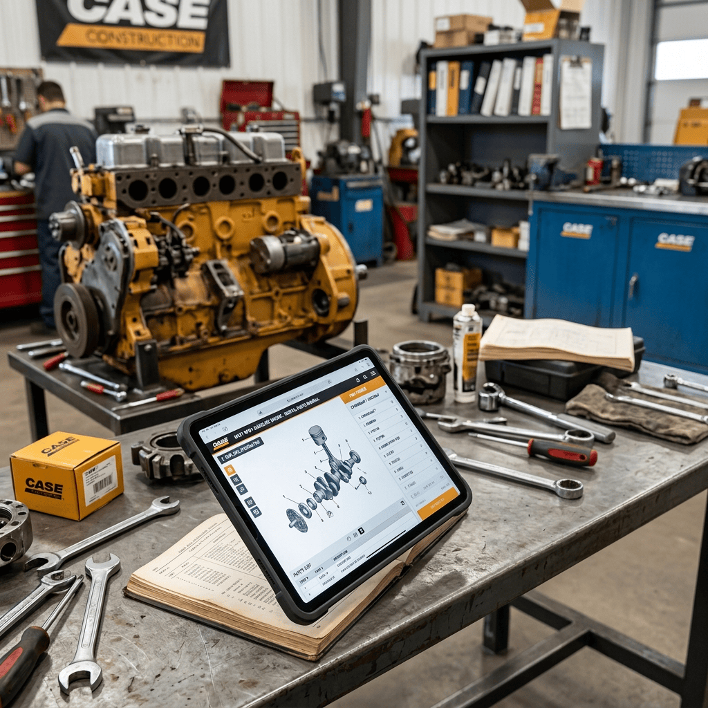 Technician examining an engine parts diagram on a tablet in a workshop