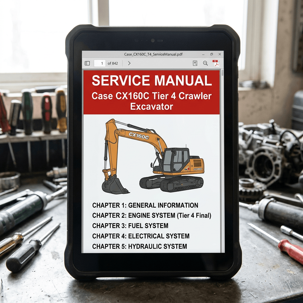 Tablet displaying Case CX160C Tier 4 crawler excavator service manual