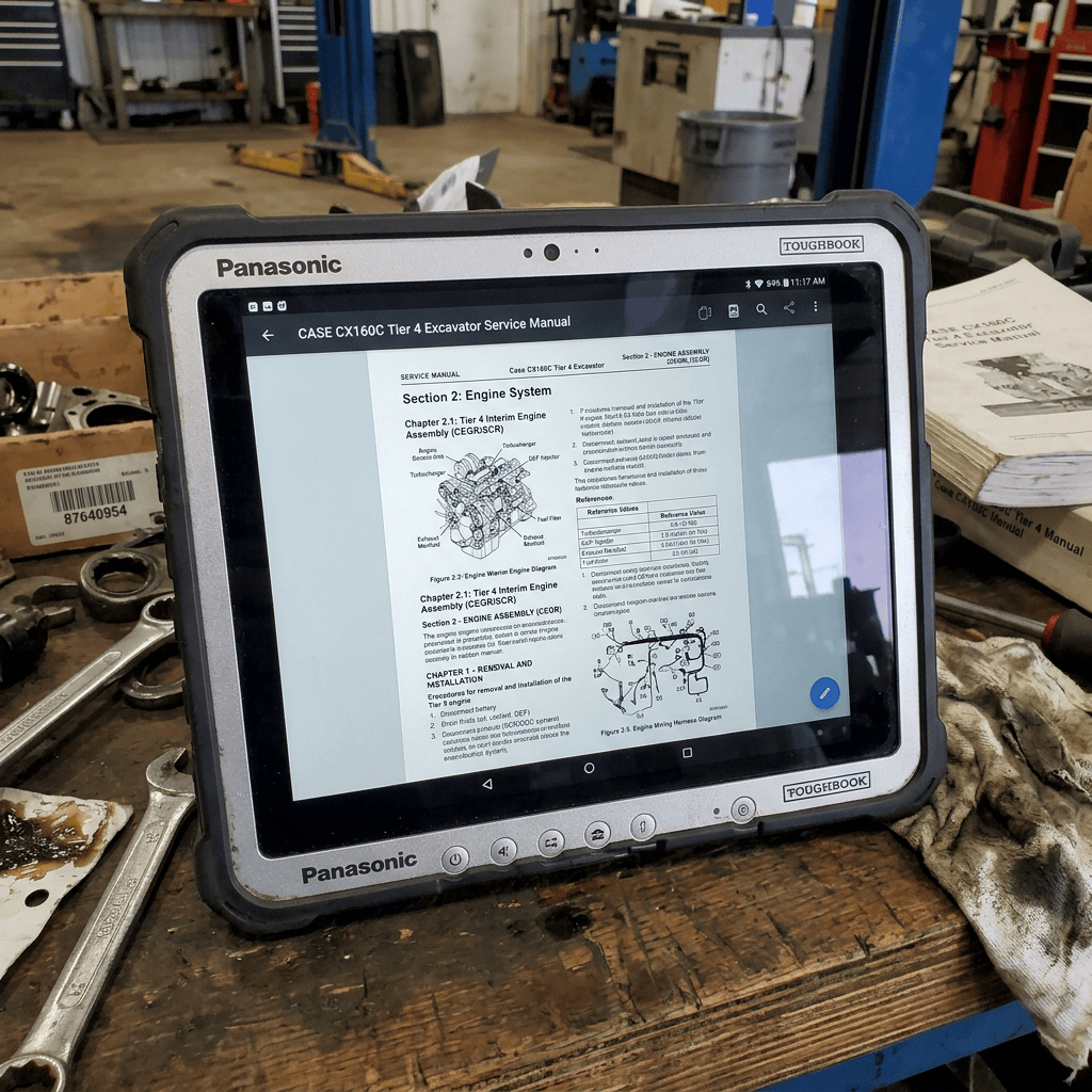Panasonic Toughbook displaying a Case CX160C excavator service manual