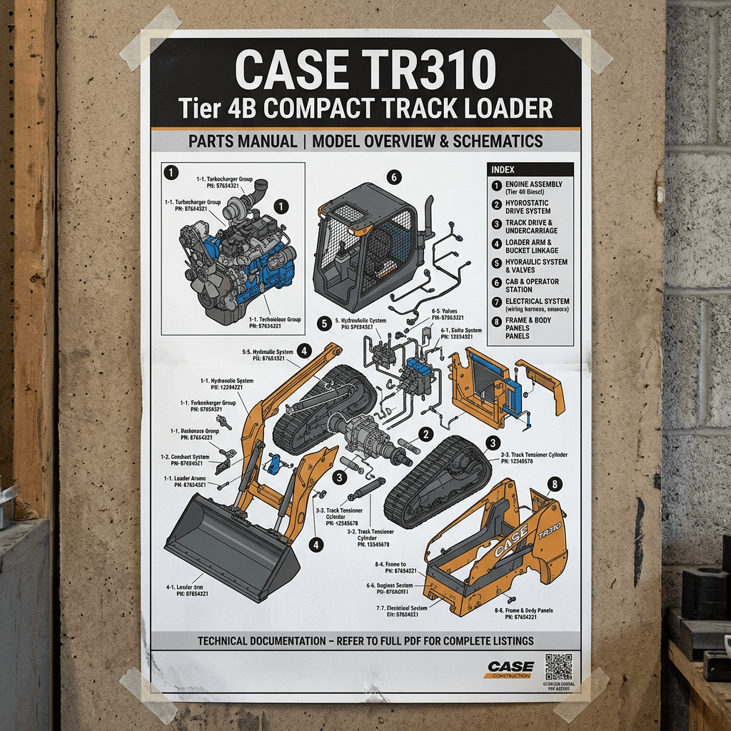 Case TR310 Tier 4B compact track loader parts manual poster with labeled schematics