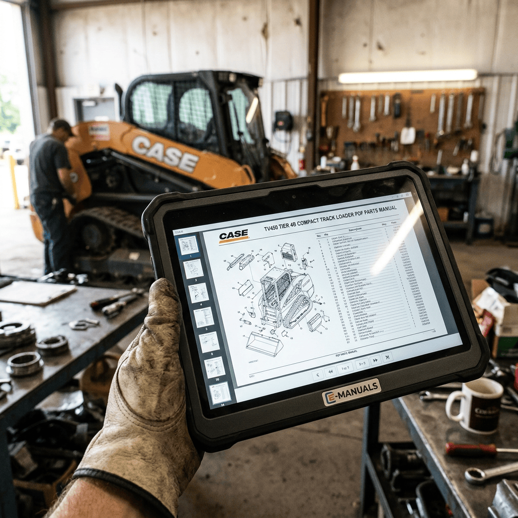 Tablet displaying a CASE TV450 compact track loader parts manual in a repair shop