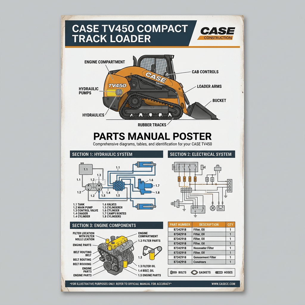 CASE TV450 Compact Track Loader Parts Manual Poster with system diagrams