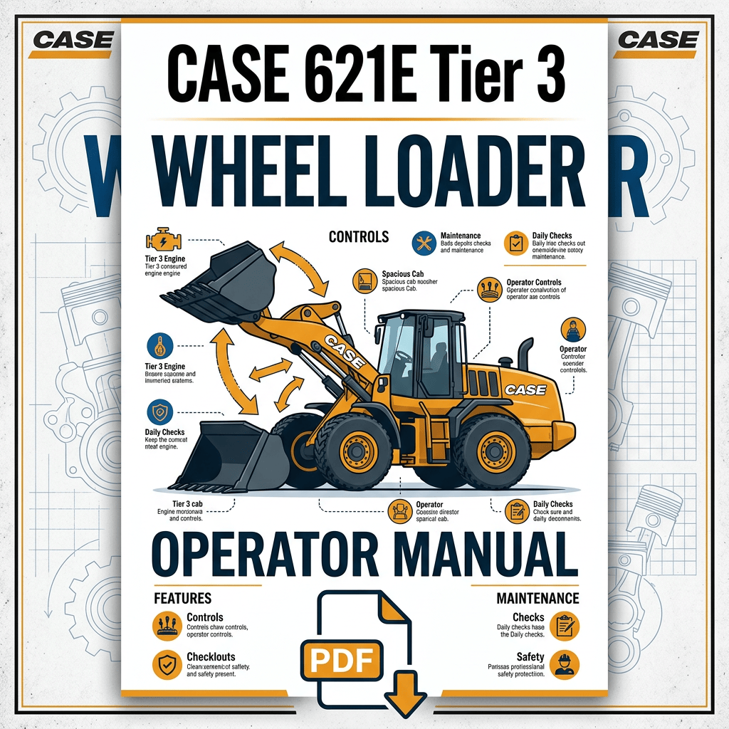 CASE 621E Tier 3 wheel loader operator manual cover with PDF download icon