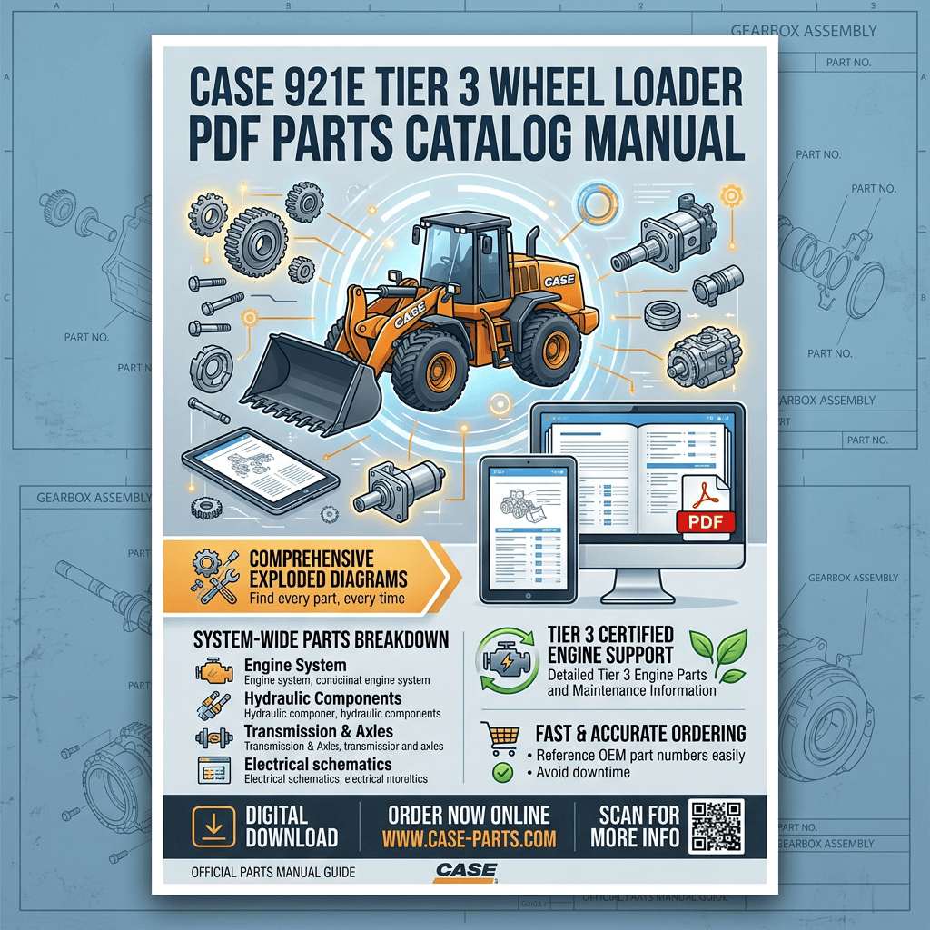 Case 921E Tier 3 Wheel Loader PDF Parts Catalog Manual; comprehensive exploded diagrams; system-wide parts breakdown; Tier 3 certified engine support; fast and accurate ordering; digital download; order now online www.case-parts.com; scan for more info; official parts manual guide.