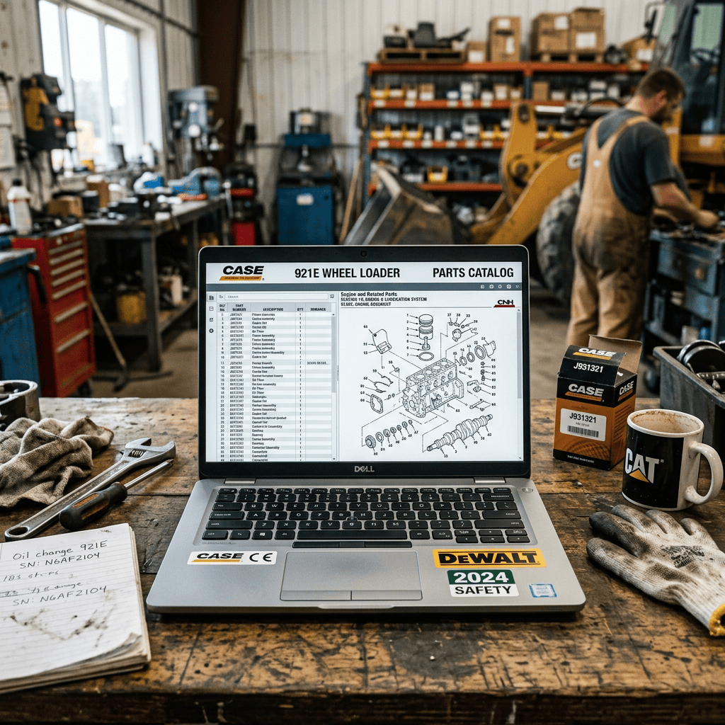 Laptop showing CASE 921E wheel loader parts catalog on workshop bench