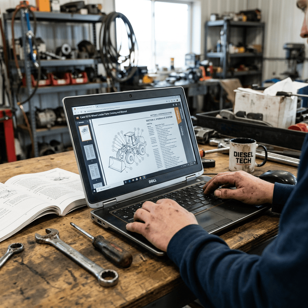 Mechanic using laptop to view a compact loader parts catalog