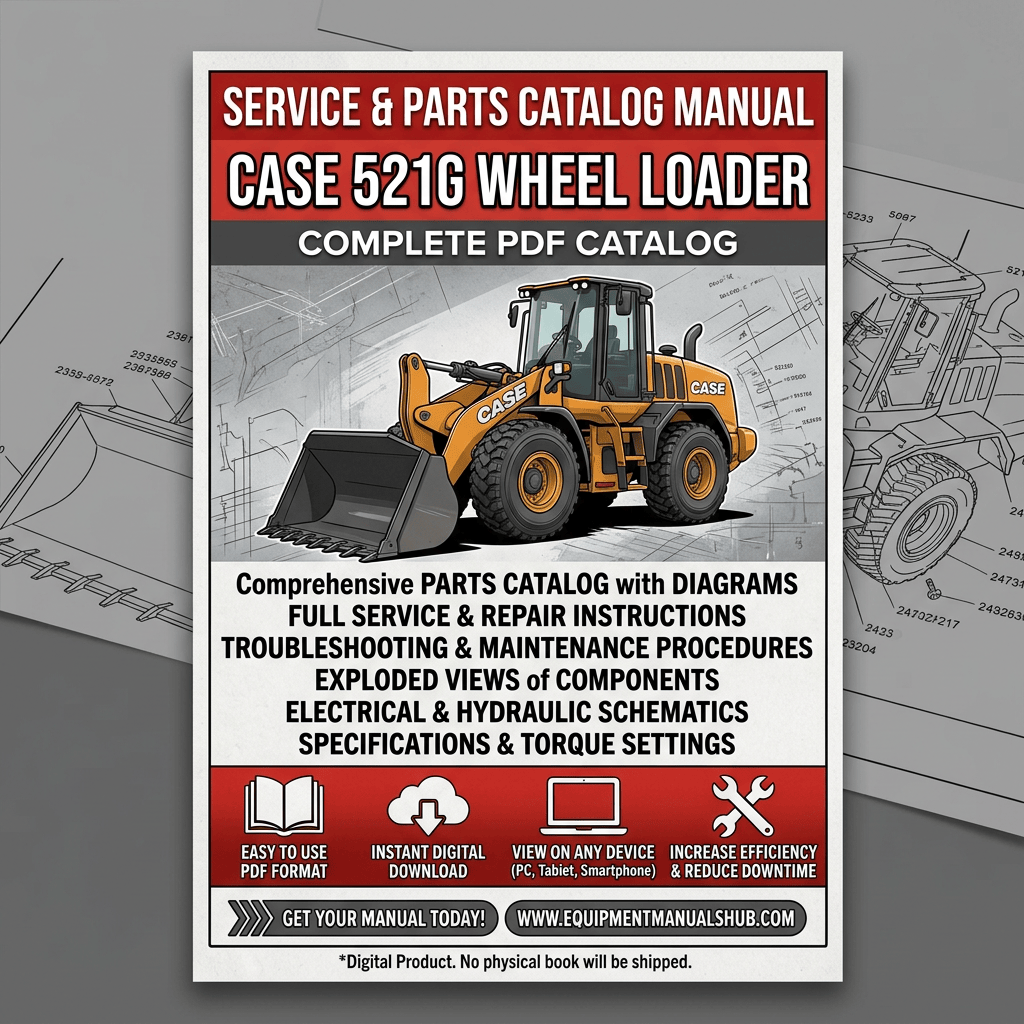 Service & Parts Catalog Manual: CASE 521G Wheel Loader; Complete PDF Catalog; parts diagrams, service and repair instructions, troubleshooting and maintenance procedures, exploded component views, electrical and hydraulic schematics, specifications and torque settings; Easy to Use PDF Format, Instant Digital Download, View on Any Device, Increase Efficiency & Reduce Downtime; Get Your Manual Today! www.equipmentmanualshub.com; Digital Product. No physical book will be shipped.