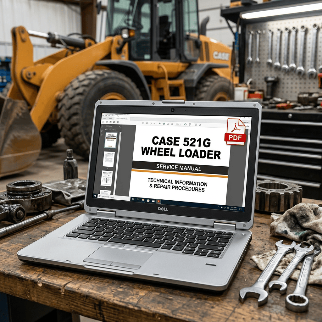 Laptop displaying “CASE 521G WHEEL LOADER,” “SERVICE MANUAL,” and “TECHNICAL INFORMATION & REPAIR PROCEDURES,” with a loader behind it