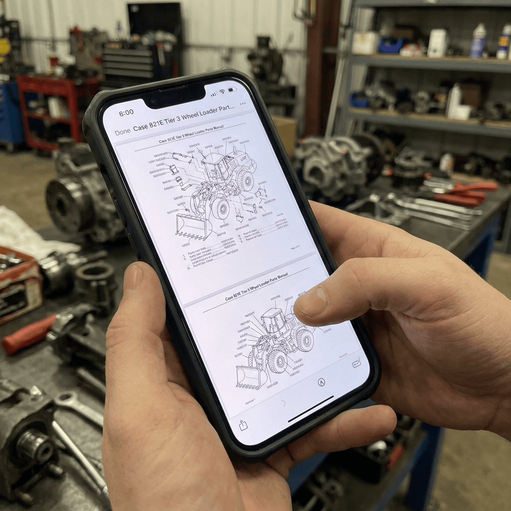 Hands holding smartphone displaying Case 821E wheel loader parts diagrams