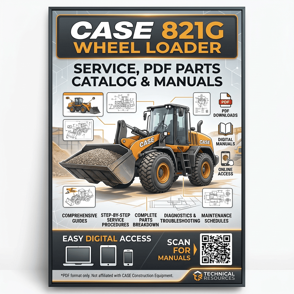 Poster reading "CASE 821G WHEEL LOADER SERVICE, PDF PARTS CATALOG & MANUALS," with a Case wheel loader, PDF downloads, digital manuals, online access, comprehensive guides, step-by-step service procedures, complete parts breakdown, diagnostics & troubleshooting, maintenance schedules, easy digital access, scan for manuals, a QR code, and "*PDF format only. Not affiliated with CASE Construction Equipment." Technical Resources logo.