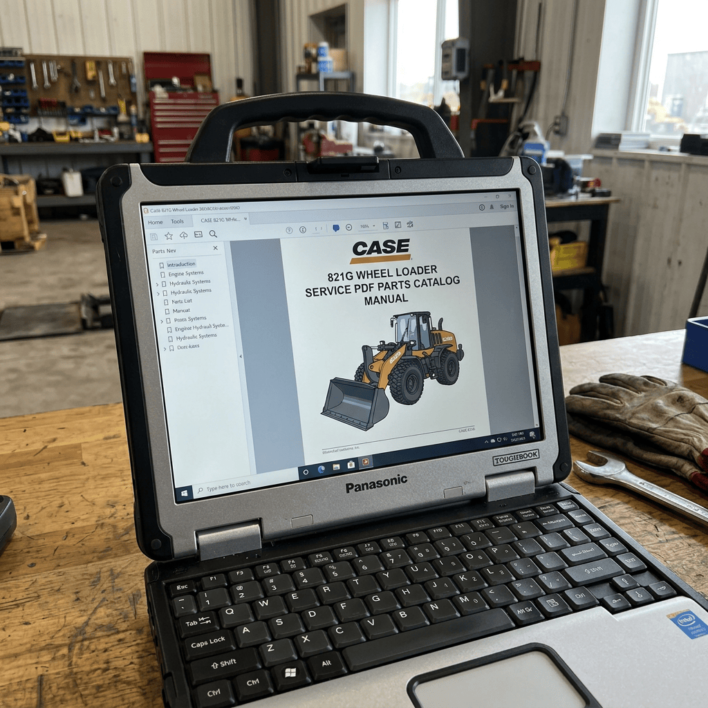 Rugged Panasonic laptop displaying a CASE 821G wheel loader service parts catalog