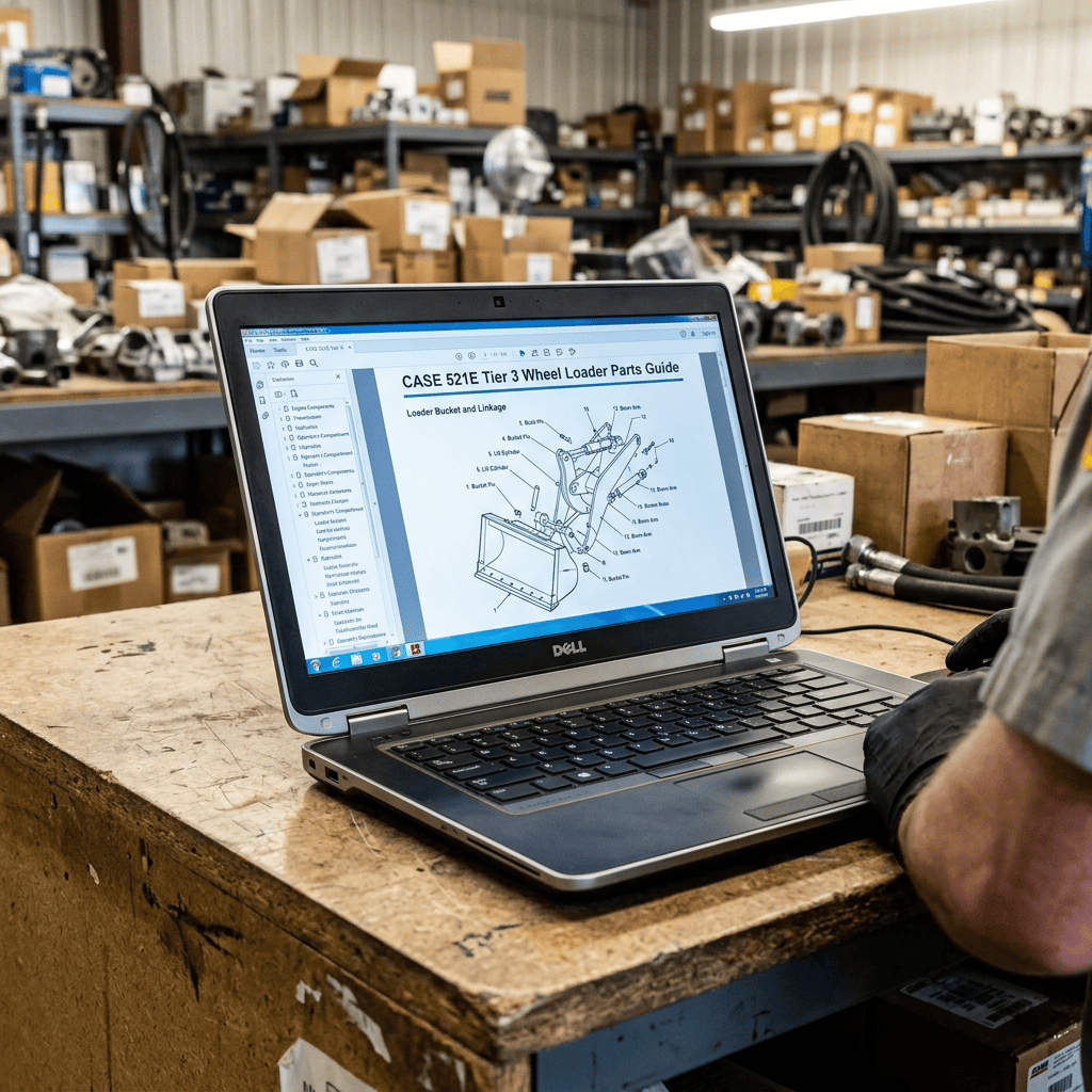 Laptop displaying “CASE 521E Tier 3 Wheel Loader Parts Guide” and linkage diagram
