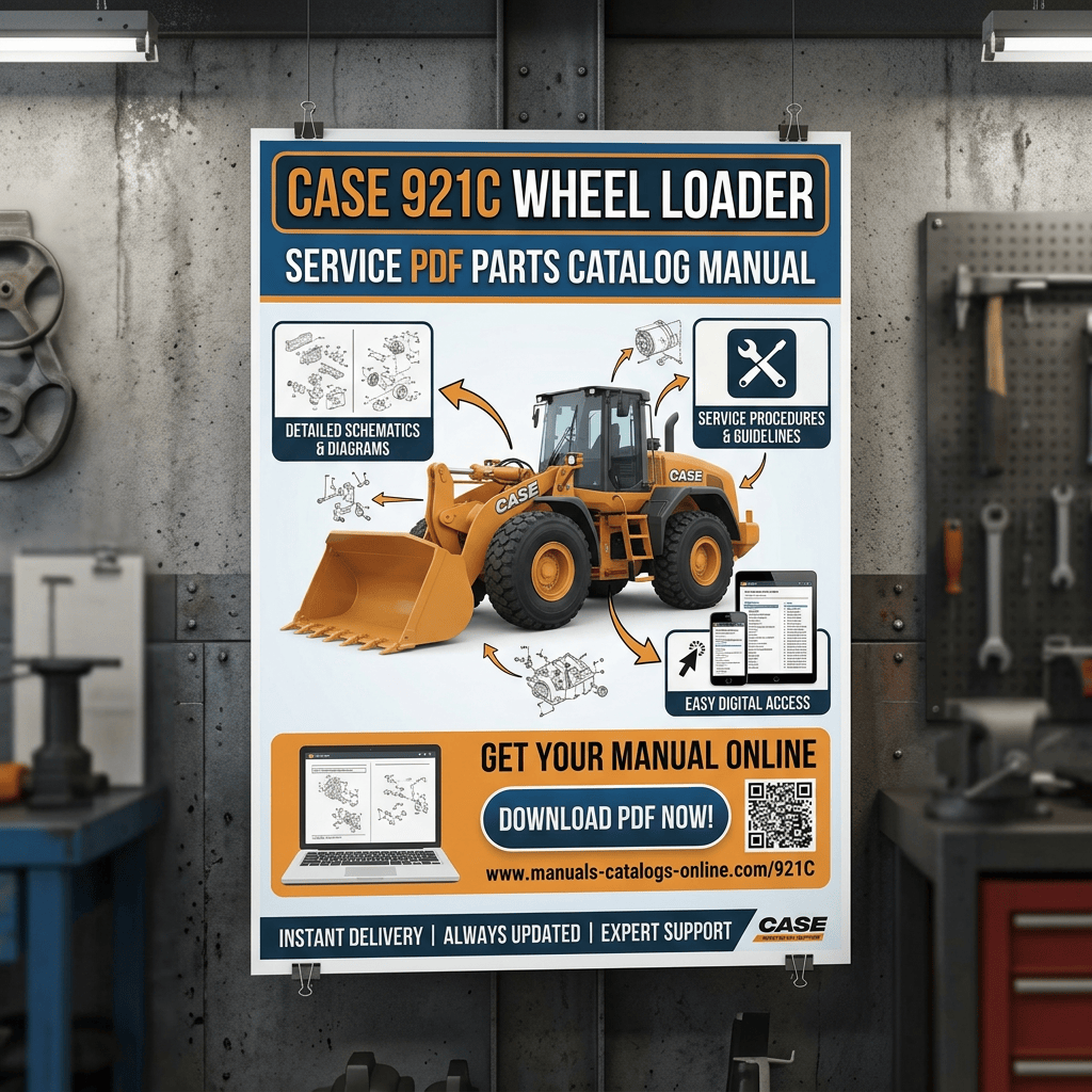 Poster reading CASE 921C WHEEL LOADER; SERVICE PDF PARTS CATALOG MANUAL; DETAILED SCHEMATICS & DIAGRAMS; SERVICE PROCEDURES & GUIDELINES; EASY DIGITAL ACCESS; GET YOUR MANUAL ONLINE; DOWNLOAD PDF NOW!; www.manuals-catalogs-online.com/921C; INSTANT DELIVERY | ALWAYS UPDATED | EXPERT SUPPORT; CASE.