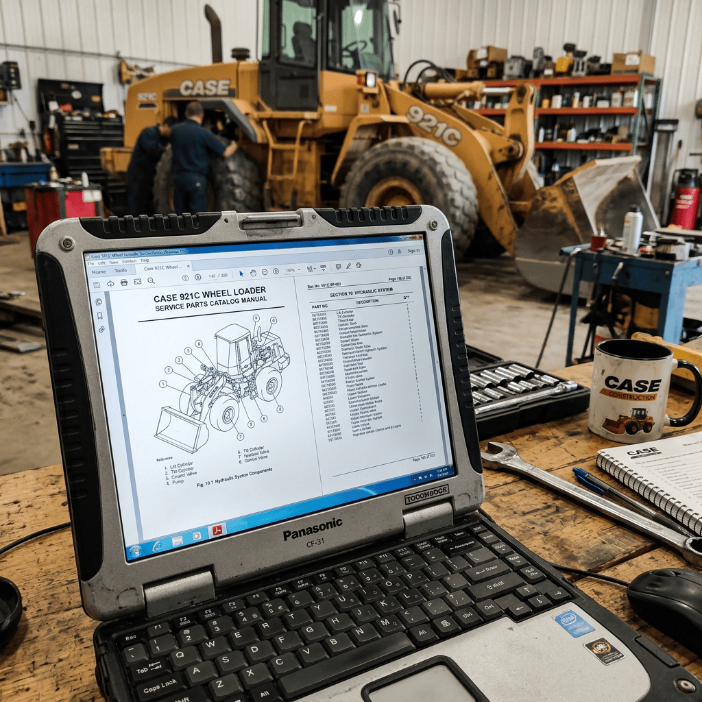 Laptop displaying CASE 921C wheel loader service parts catalog in repair workshop