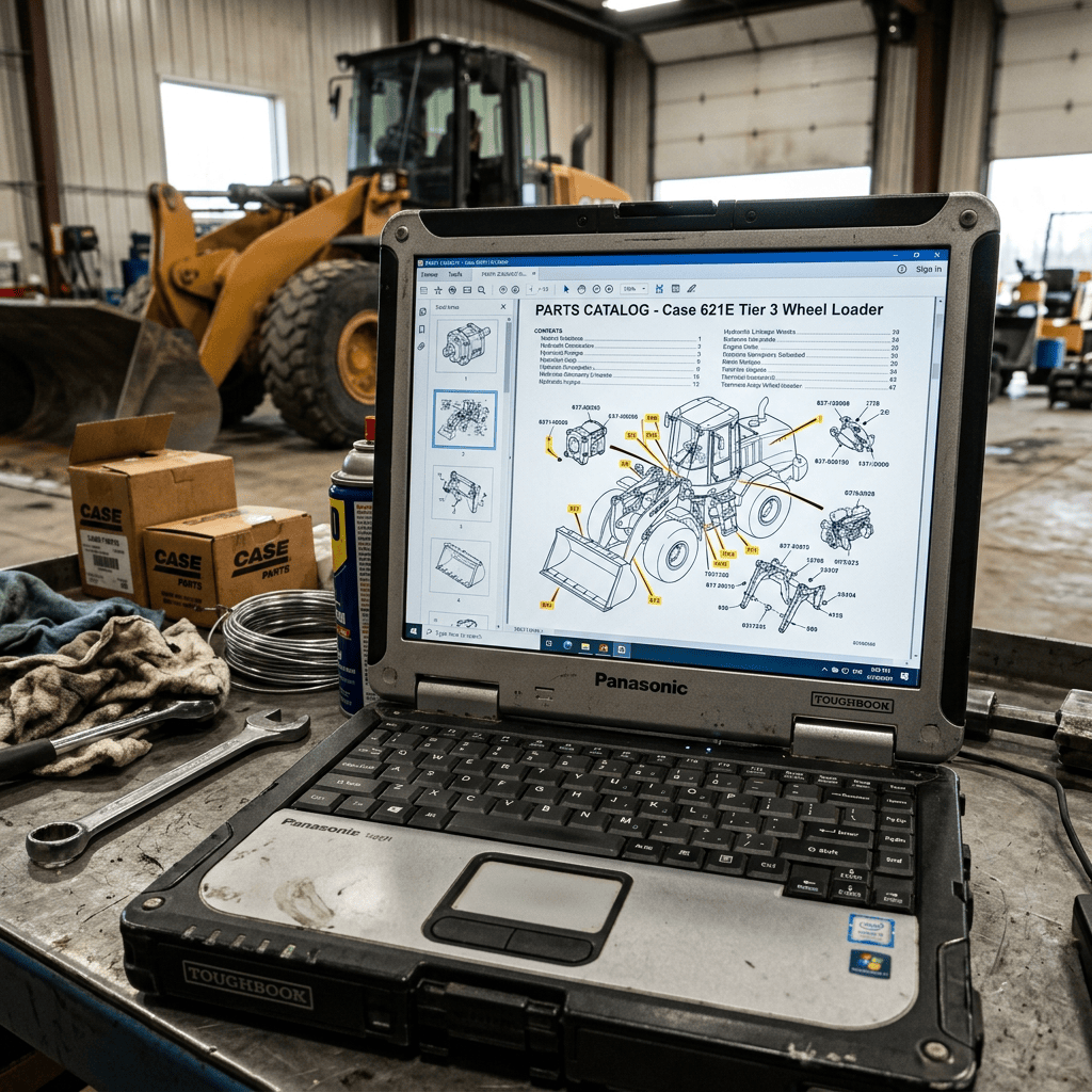 Panasonic Toughbook displaying a Case 621E wheel loader parts catalog beside a loader