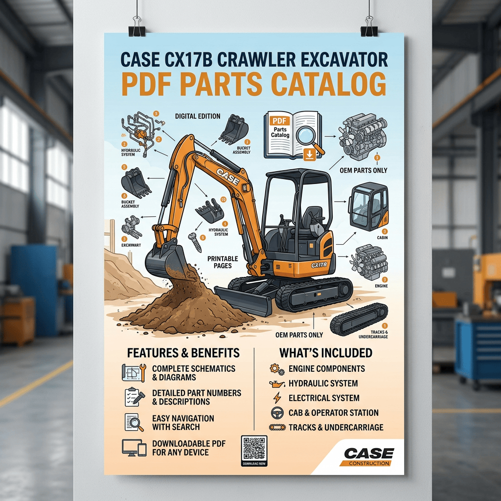Case CX17B Crawler Excavator PDF Parts Catalog; features, benefits, and included OEM parts