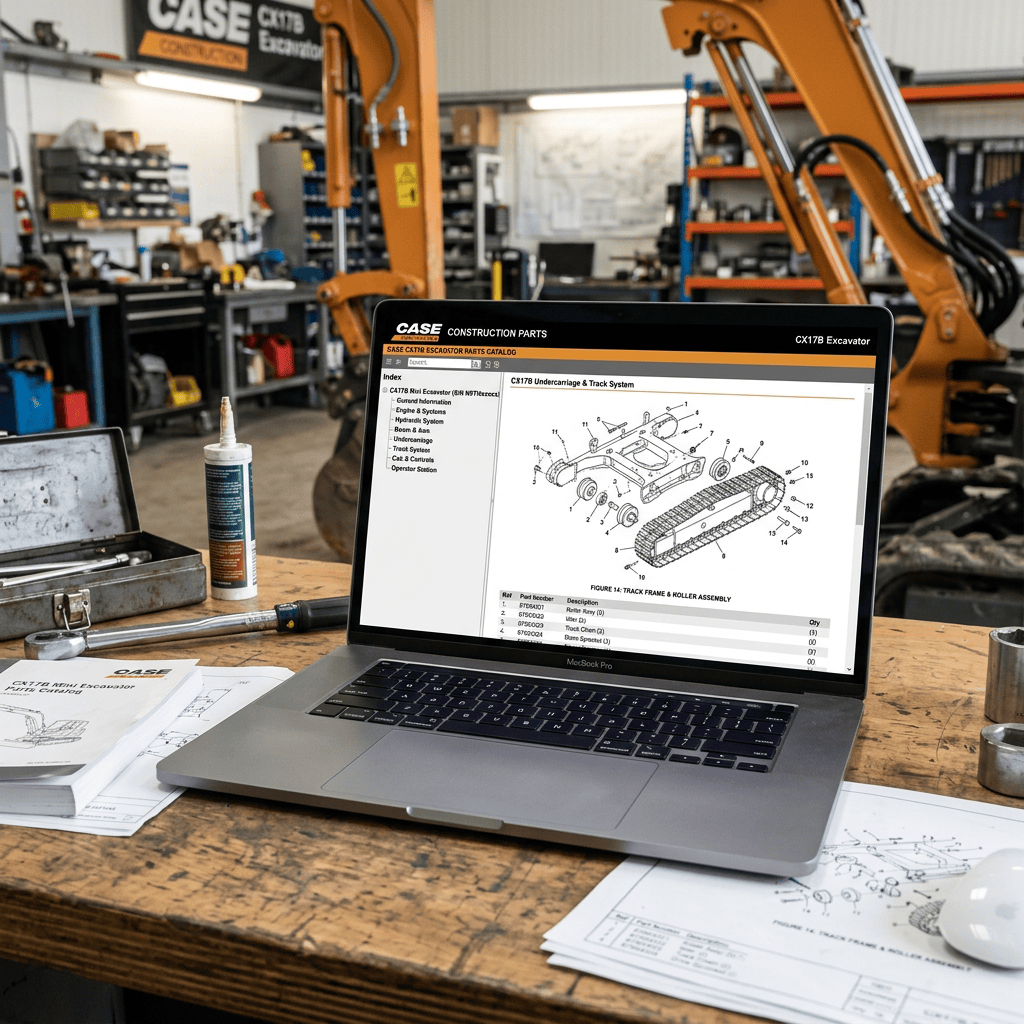 Laptop displaying CASE CX17B excavator parts diagram in a repair workshop
