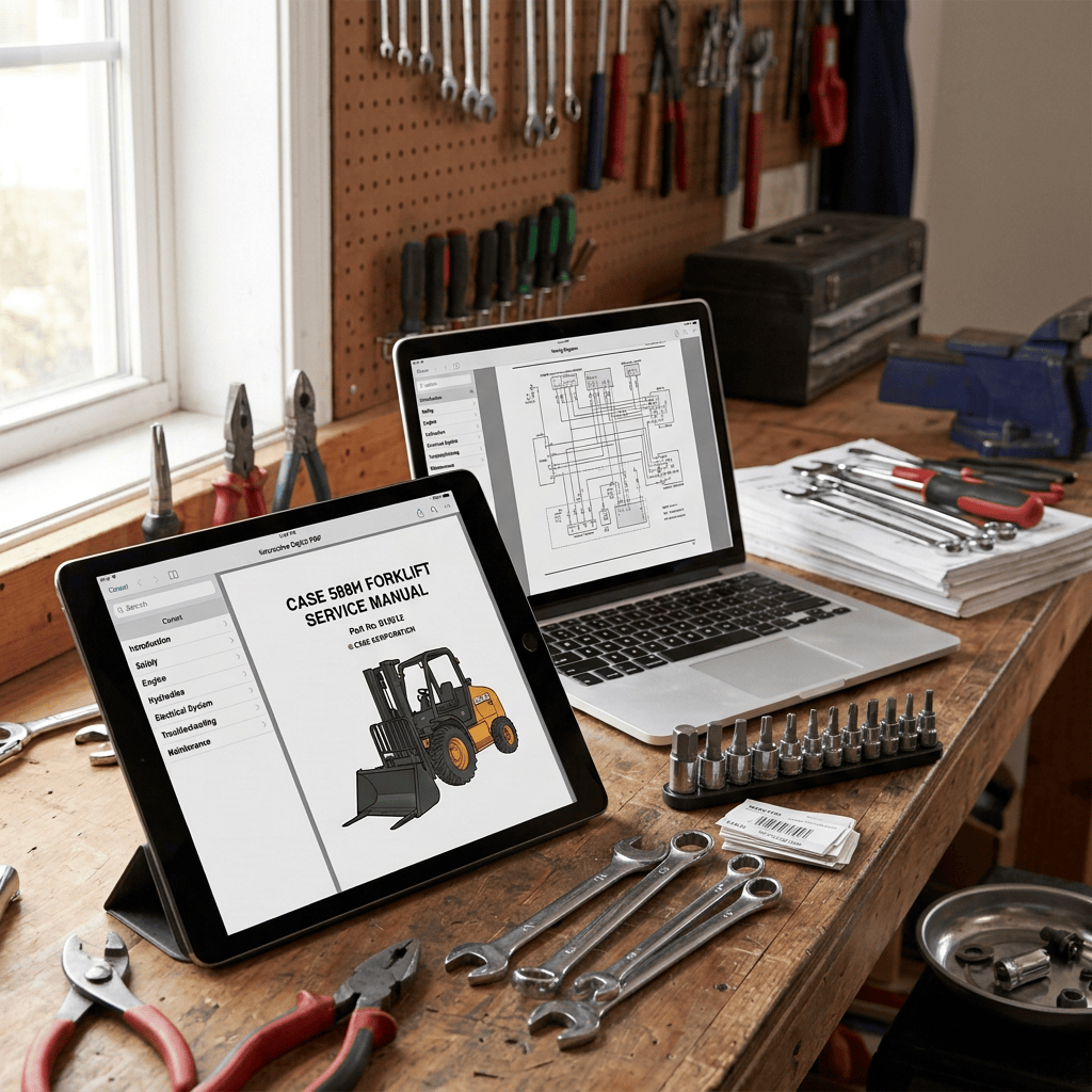 Technician viewing a CASE 588H forklift manual and wiring diagram