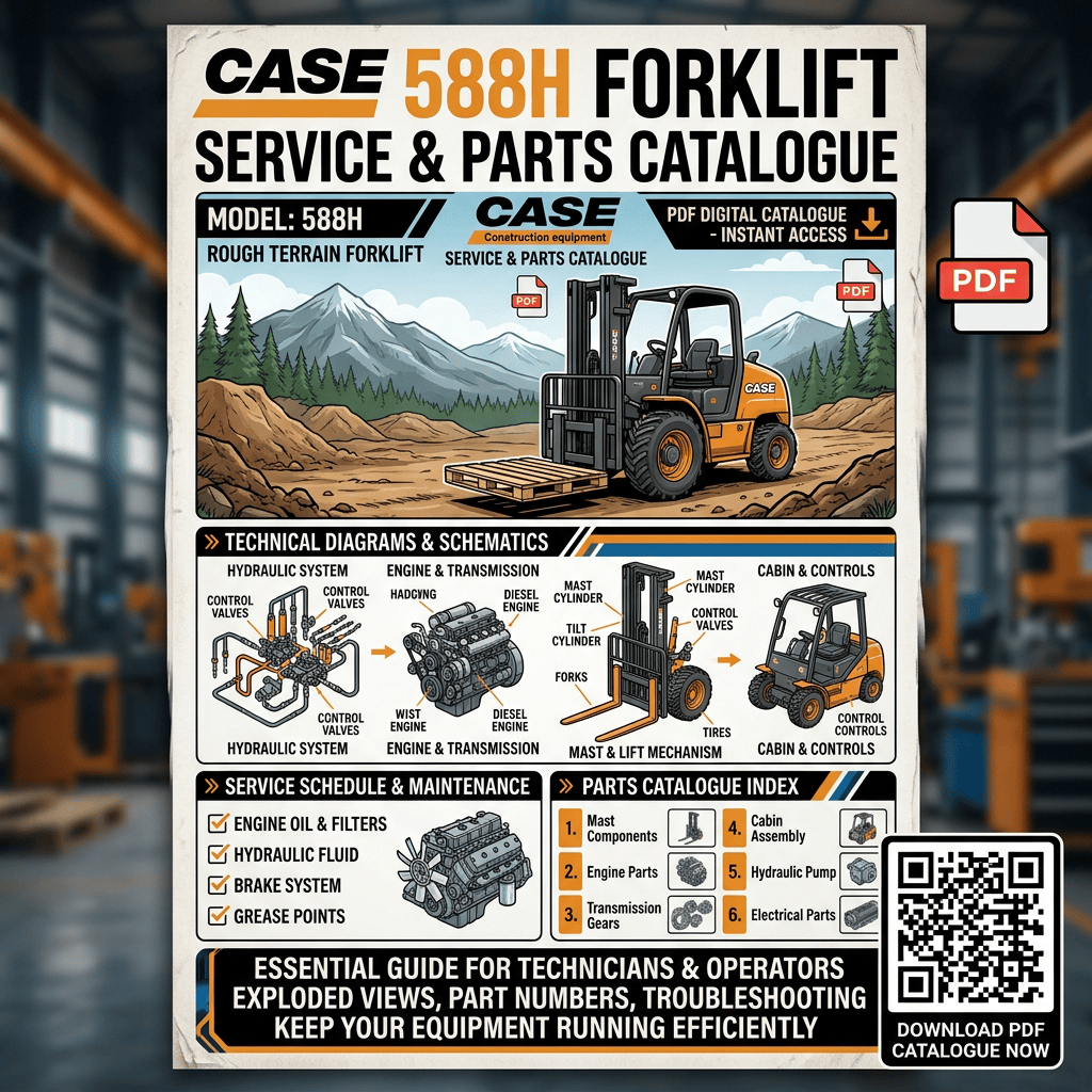Case 588H forklift service and parts catalogue with diagrams, maintenance checklist, parts index, and QR code