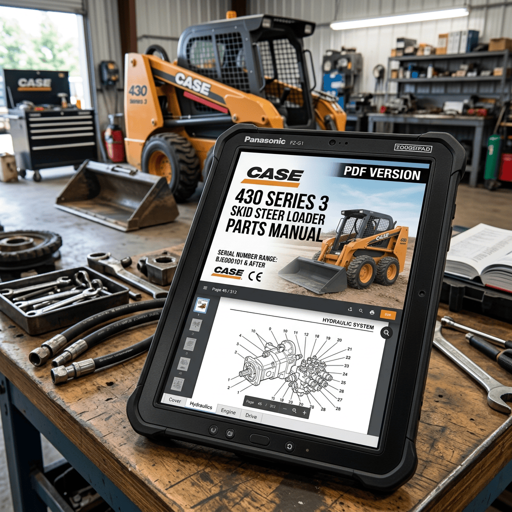 Tablet showing CASE 430 Series 3 skid steer loader parts manual and hydraulic diagram