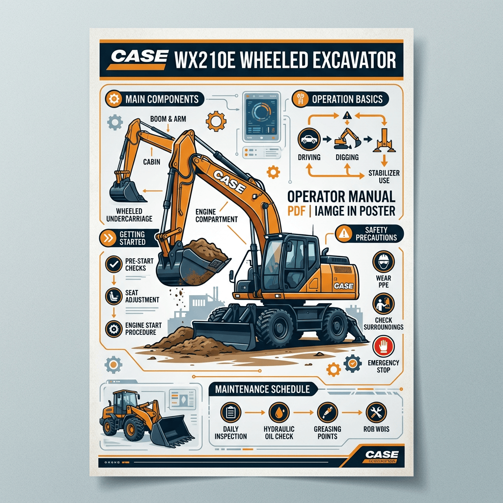 CASE WX210E WHEELED EXCAVATOR poster with components, operation basics, safety precautions, and maintenance schedule
