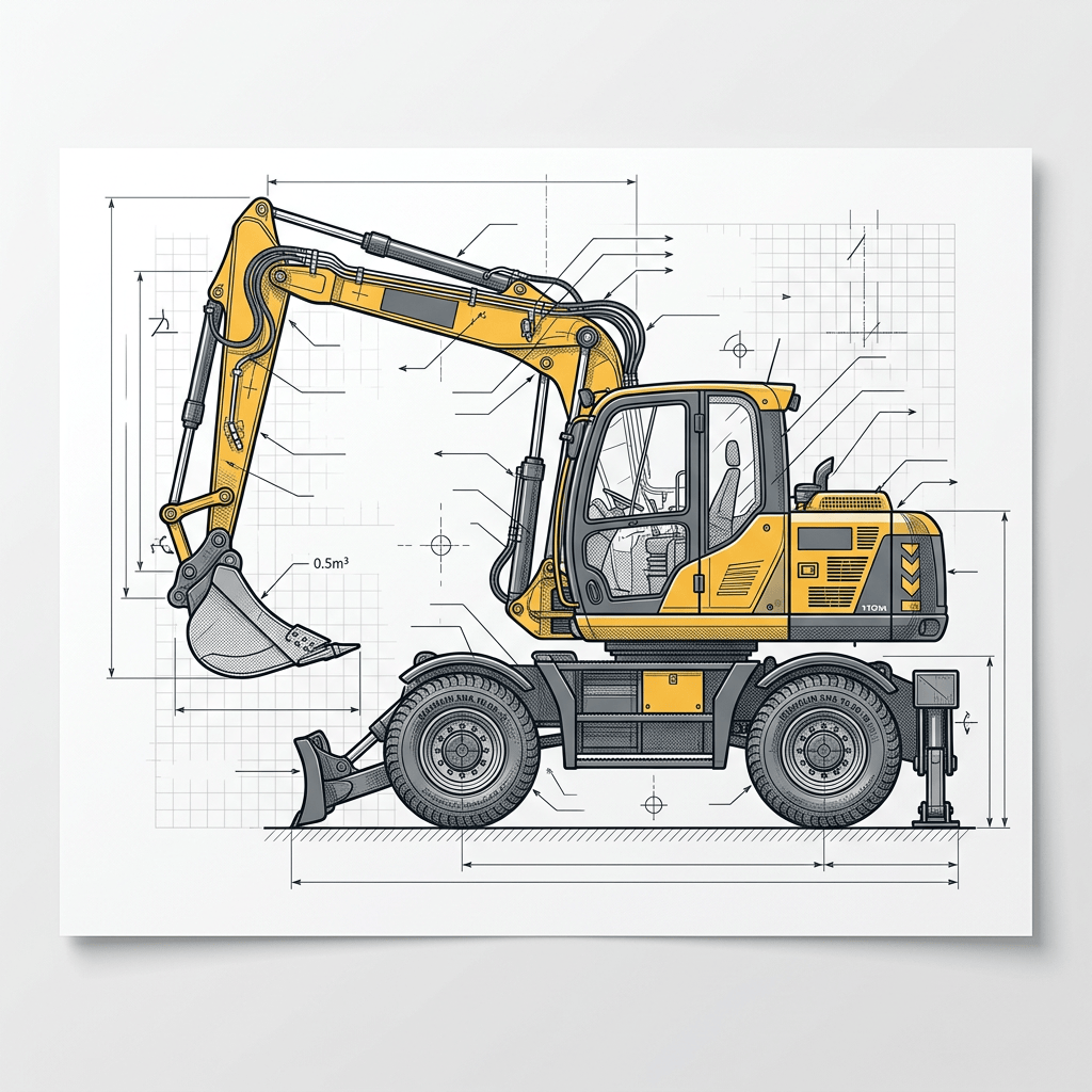 Technical blueprint of a yellow wheeled excavator with dimensions