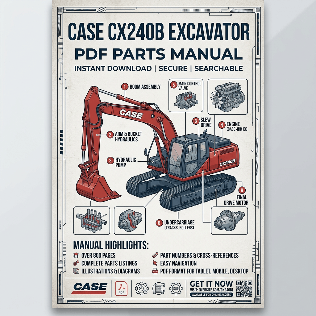 CASE CX240B Excavator PDF Parts Manual; instant download, secure, searchable
