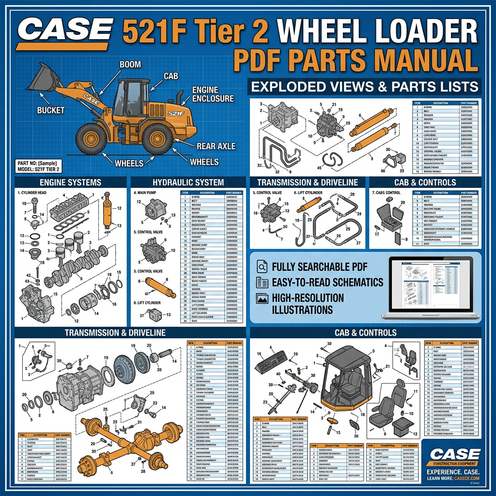 Case 521F Tier 2 wheel loader PDF parts manual with exploded views and parts lists