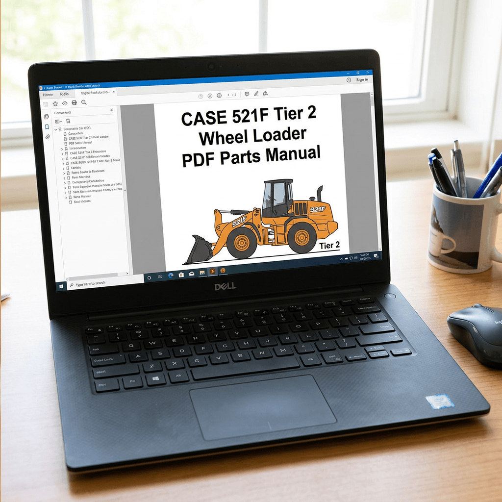 Laptop displaying CASE 521F Tier 2 Wheel Loader PDF Parts Manual