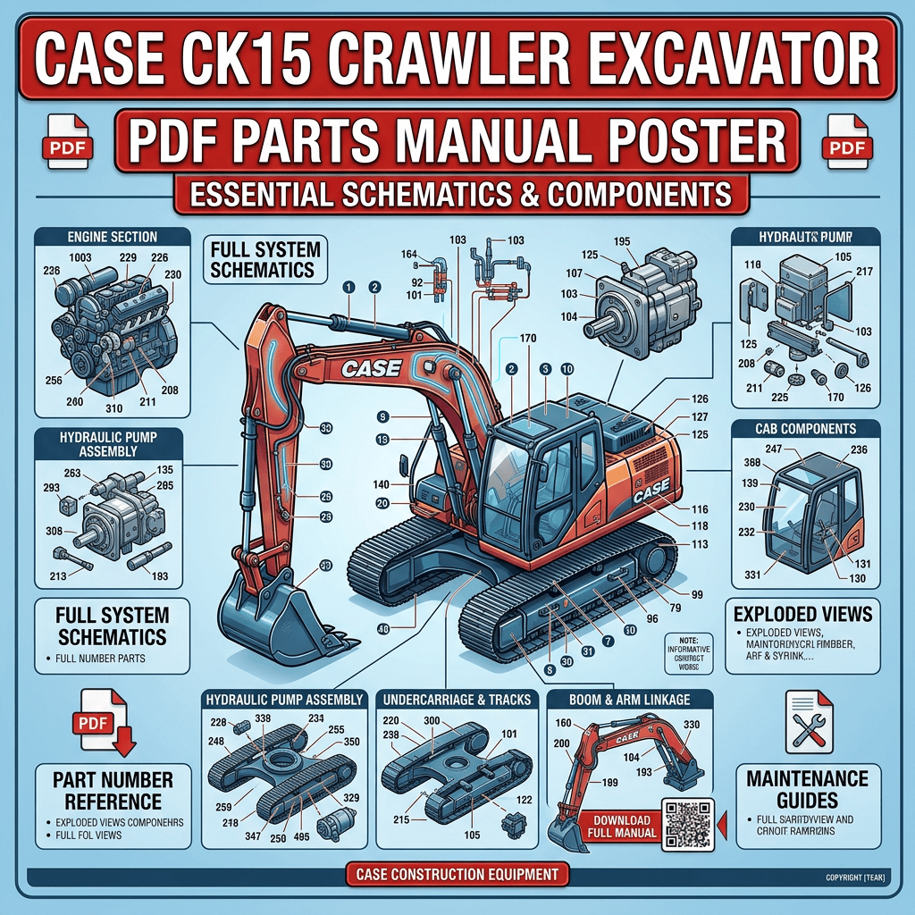 Case CK15 crawler excavator PDF parts manual poster with schematics, components, exploded views, and maintenance guides