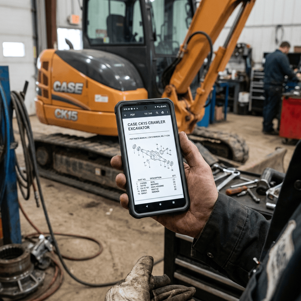 Technician holding phone displaying CASE CK15 crawler excavator parts manual beside excavator