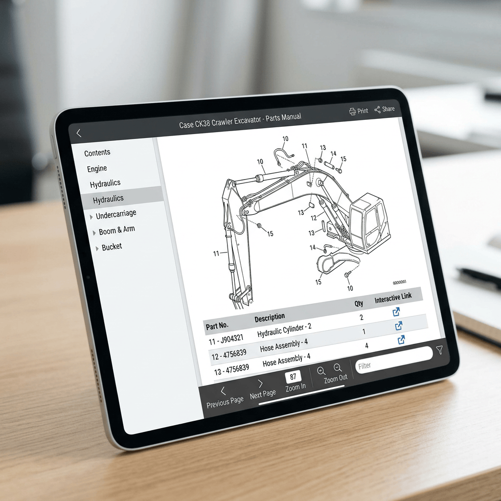 Tablet displaying Case CK38 crawler excavator parts manual with hydraulic diagram