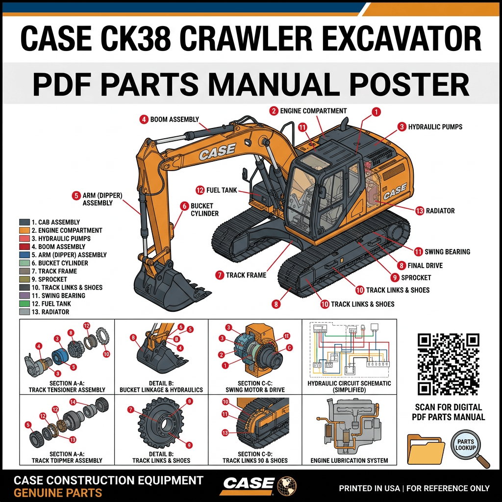 Case CK38 Crawler Excavator PDF Parts Manual Poster with labeled components and diagrams