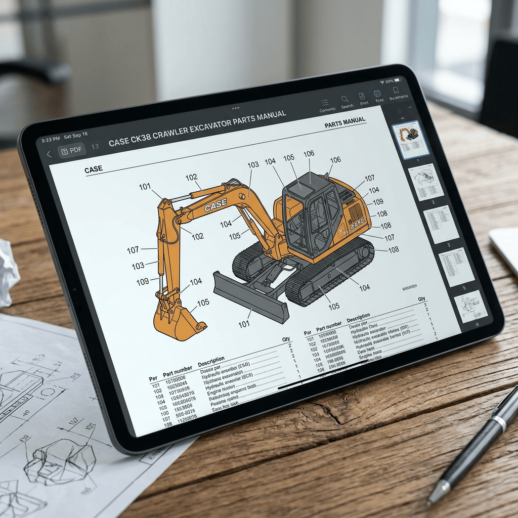 Tablet displaying a labeled CASE CK38 crawler excavator parts manual diagram