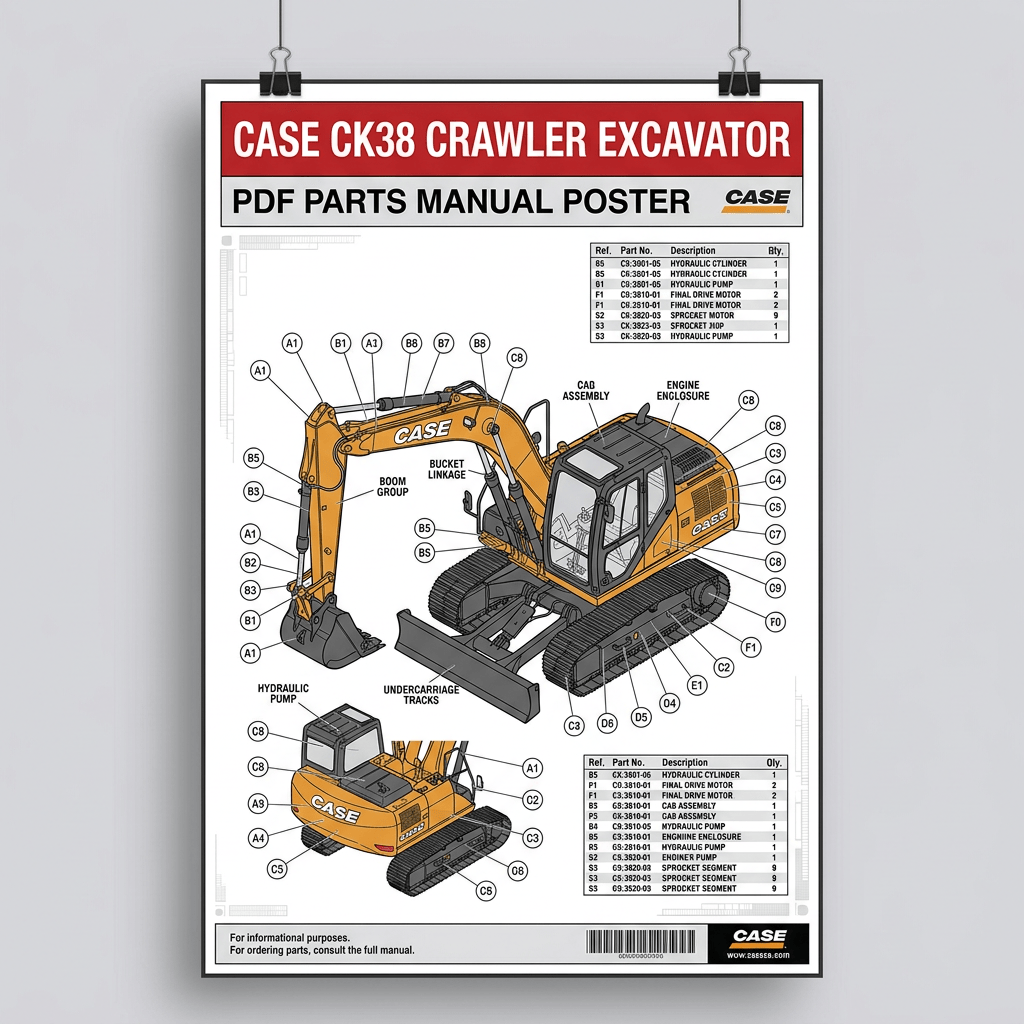 Case CK38 crawler excavator PDF parts manual poster with labeled components