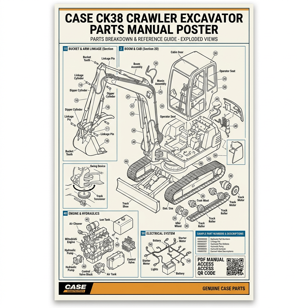 CASE CK38 crawler excavator parts manual poster with exploded views