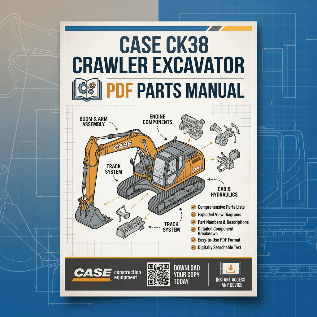 Poster text: CASE CK38 CRAWLER EXCAVATOR PDF PARTS MANUAL; ROOM & ARM ASSEMBLY; ENGINE COMPONENTS; TRACK SYSTEM; CAB & HYDRAULICS; Comprehensive Parts Lists; Exploded View Diagrams; Part Numbers & Descriptions; Detailed Component Breakdown; Easy-to-Use PDF Format; Digitally Searchable Text; DOWNLOAD YOUR COPY TODAY; INSTANT ACCESS ANY DEVICE.