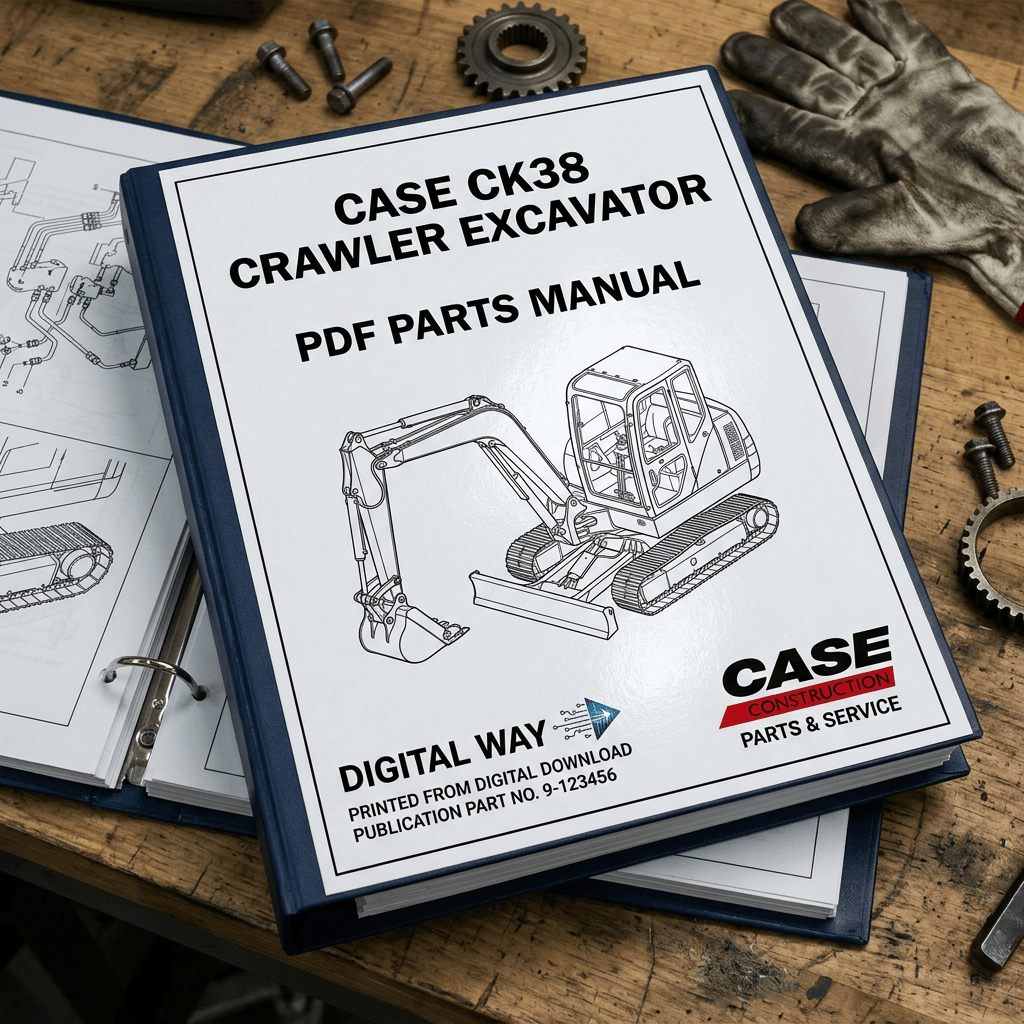 Cover reading CASE CK38 CRAWLER EXCAVATOR PDF PARTS MANUAL; CASE CONSTRUCTION PARTS & SERVICE; DIGITAL WAY; PRINTED FROM DIGITAL DOWNLOAD; PUBLICATION PART NO. 9-123456, with an excavator line drawing.