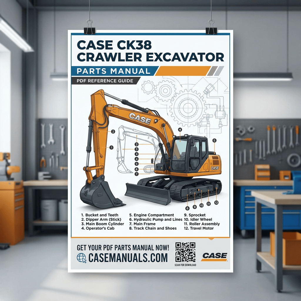 Poster reading CASE CK38 CRAWLER EXCAVATOR PARTS MANUAL, PDF REFERENCE GUIDE; numbered parts include Bucket and Teeth, Dipper Arm (Stick), Main Boom Cylinder, Operator's Cab, Engine Compartment, Hydraulic Pump and Lines, Main Frame, Track Chain and Shoes, Sprocket, Idler Wheel, Roller Assembly, and Travel Motor; GET YOUR PDF PARTS MANUAL NOW! CASEMANUALS.COM, QR code, CASE.