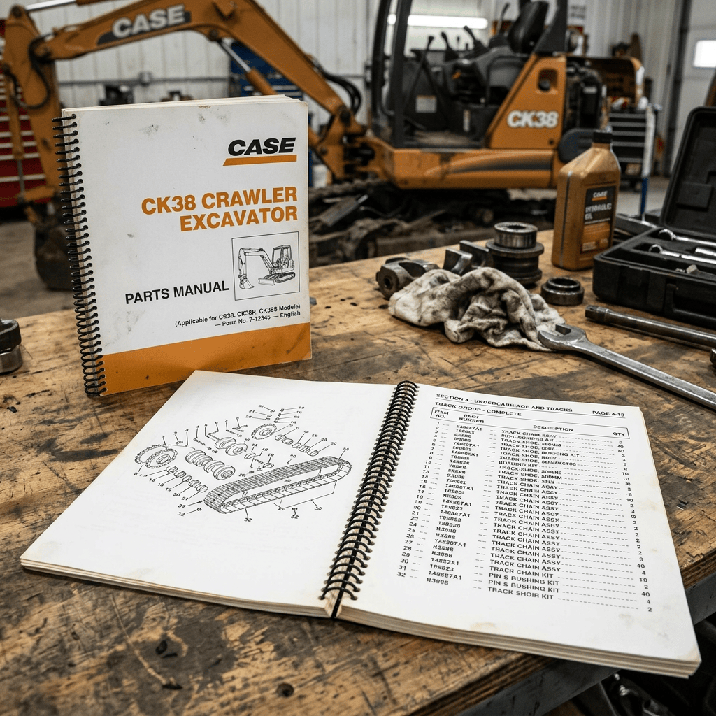 CASE CK38 crawler excavator parts manual open on a workshop bench