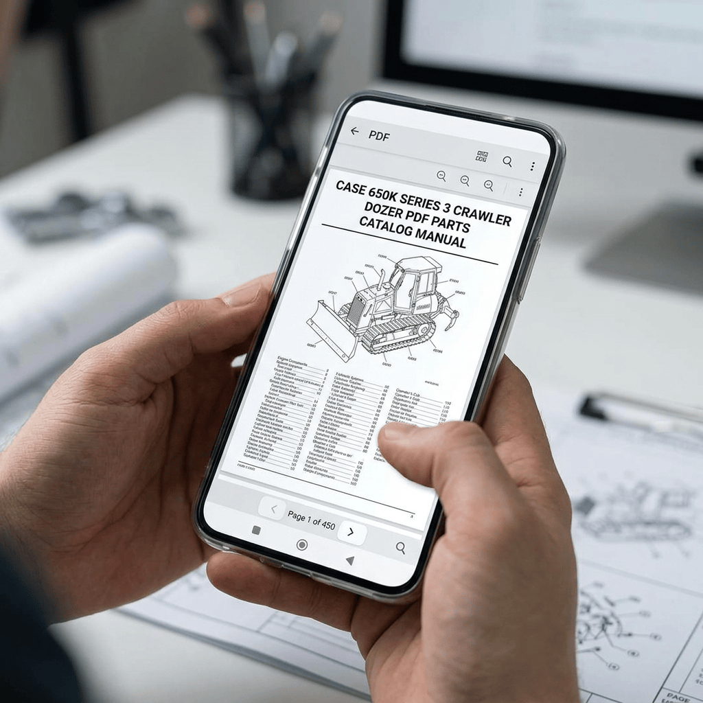 Person viewing a Case 650K Series 3 crawler parts manual on a smartphone