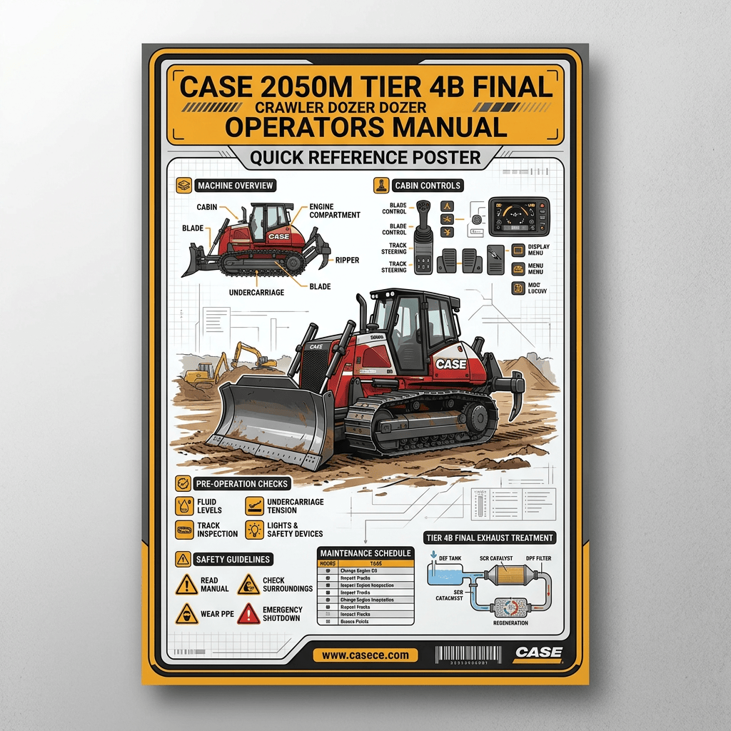 Case 2050M Tier 4B Final Crawler Dozer Operators Manual quick reference poster with machine diagrams and safety instructions