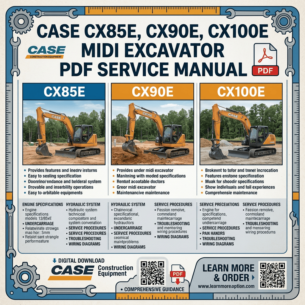 CASE CX85E, CX90E, CX100E midi excavator PDF service manual; digital download and QR codes